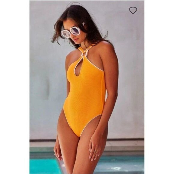 BECCA One Piece Swimsuit S Modern Edge Ribbed Mikayla High Neck Orange Burst Key - Picture 1 of 13